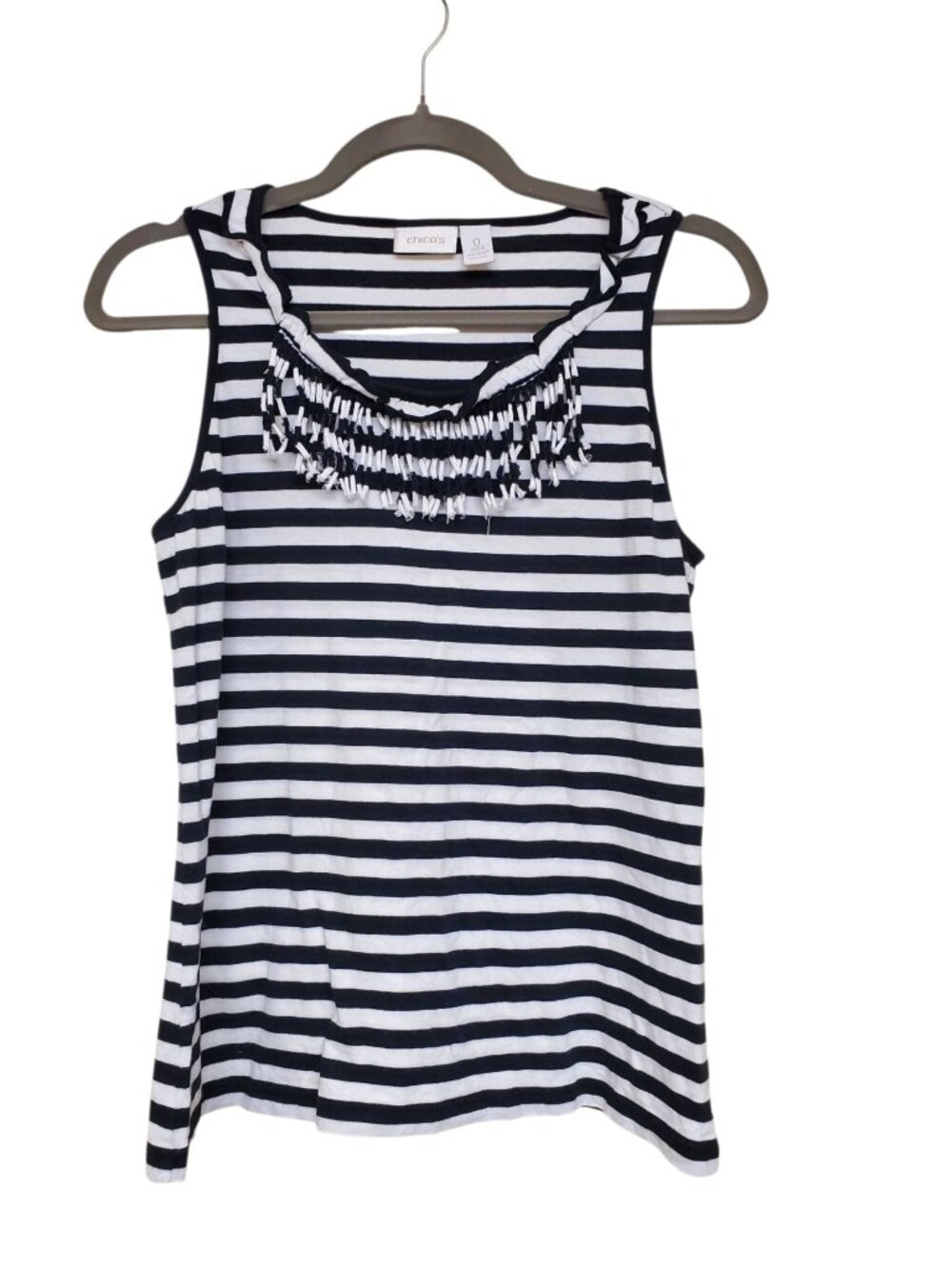 Chico's Women's Black White Stripe Fringe Neckline Modal Tank Top Size 0 (Small)